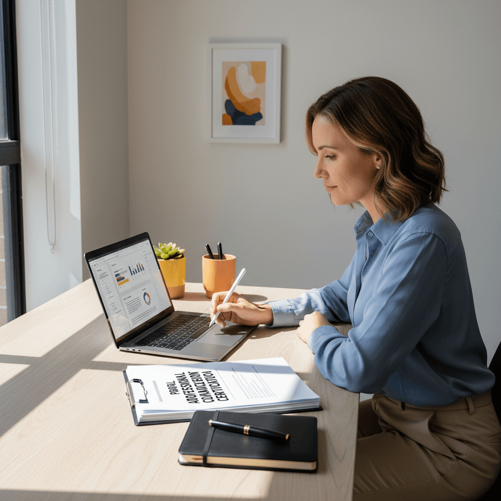 Professional reviewing business materials at a modern workspace