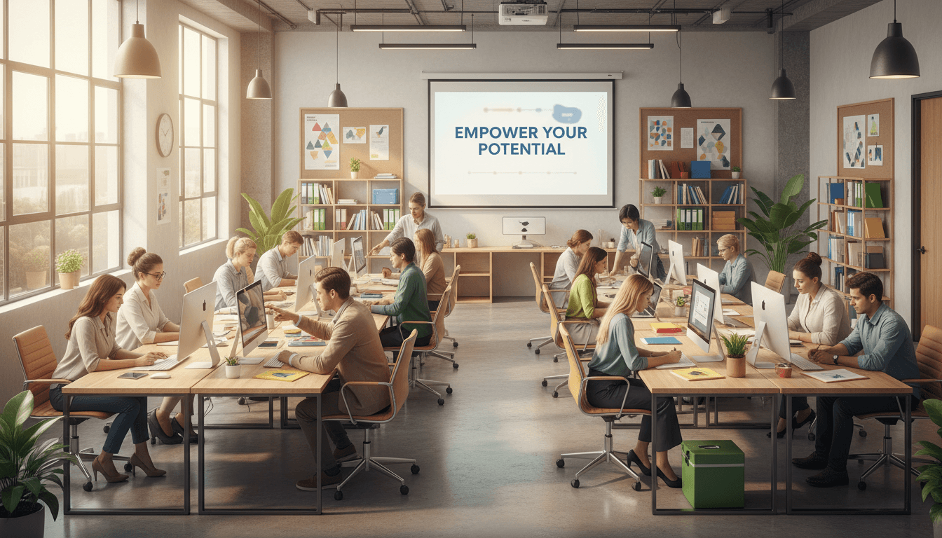 Modern training classroom with natural light, students engaged in learning, and professional educational resources