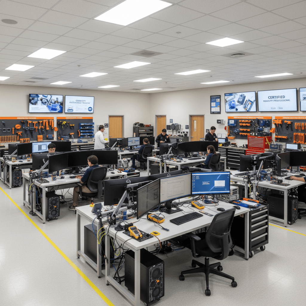 Modern training facility with multiple workstations and equipment