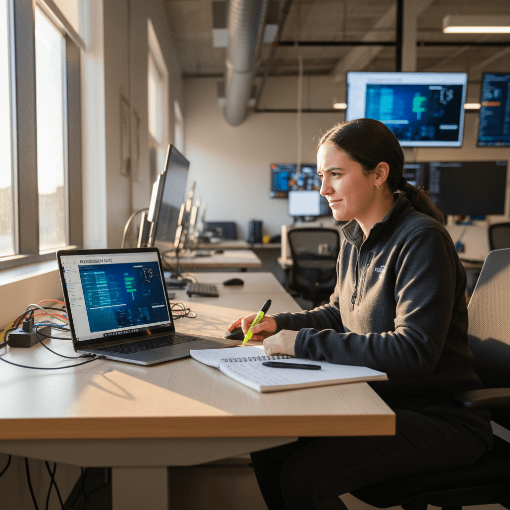 Professional working through certification coursework at a computer