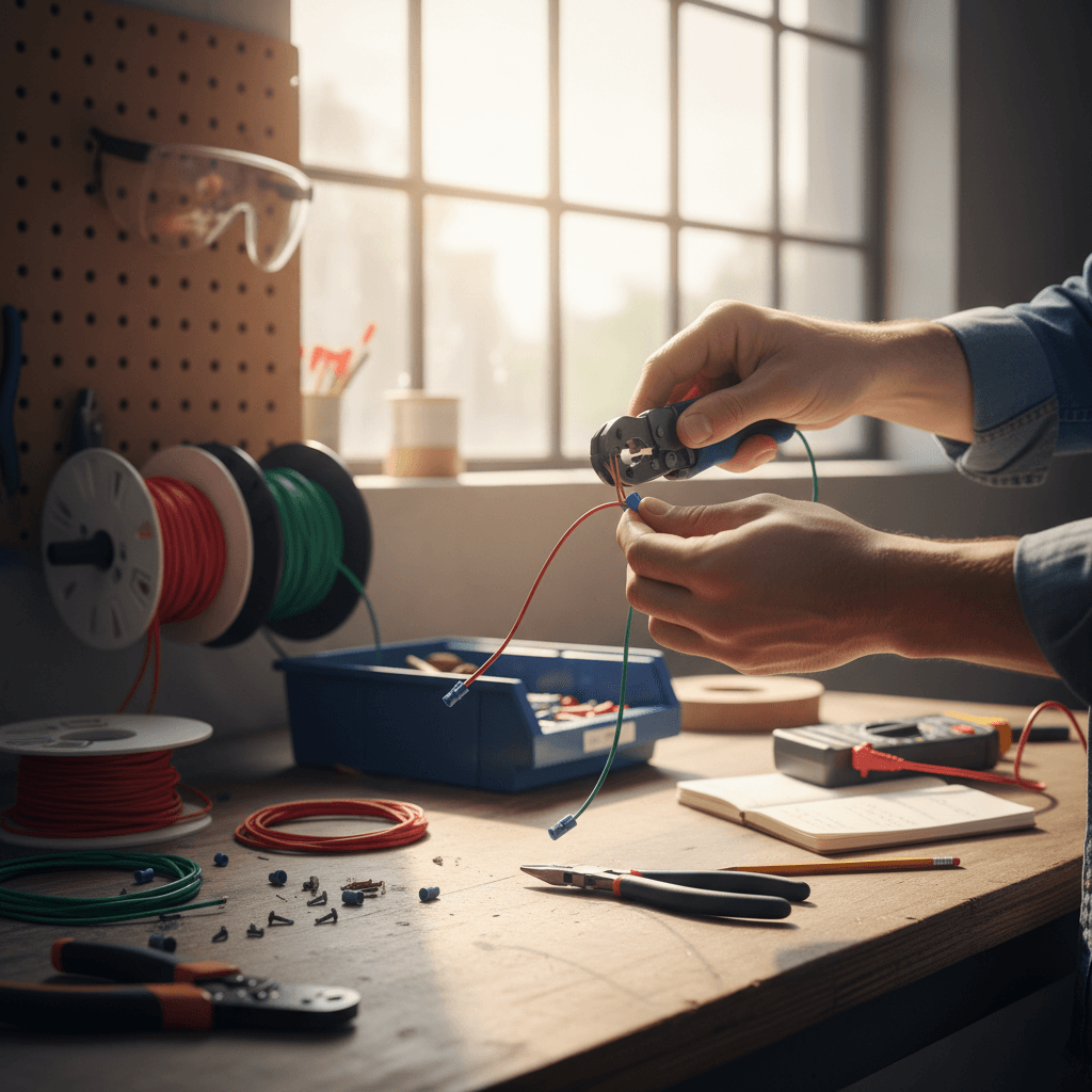 Hands working with electrical components in a bright workshop