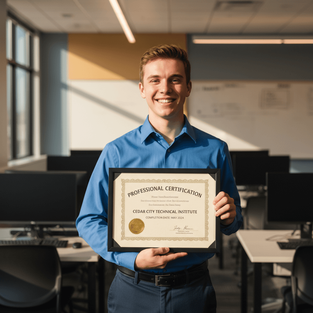 Student holding completed certification credential